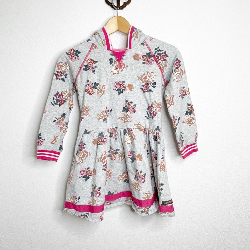 Matilda Jane Girls Gray Floral Hoodie Dress Pink Striped Trim Size 10